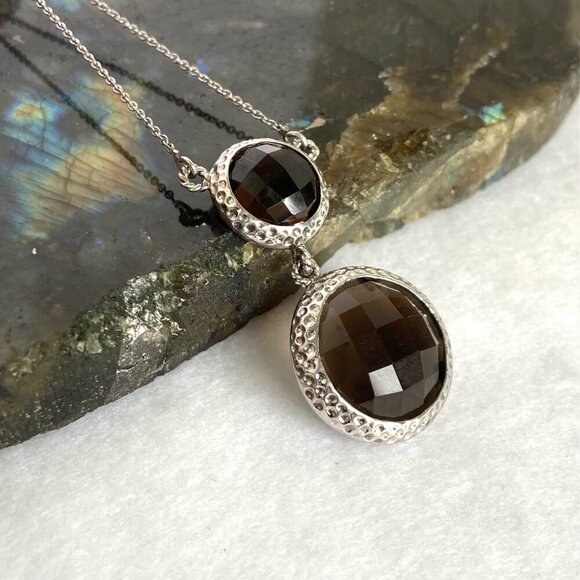Sterling Silver SGL 925 India Faceted Round Smoky Quartz Pendant Necklace 18" - Picture 5 of 16
